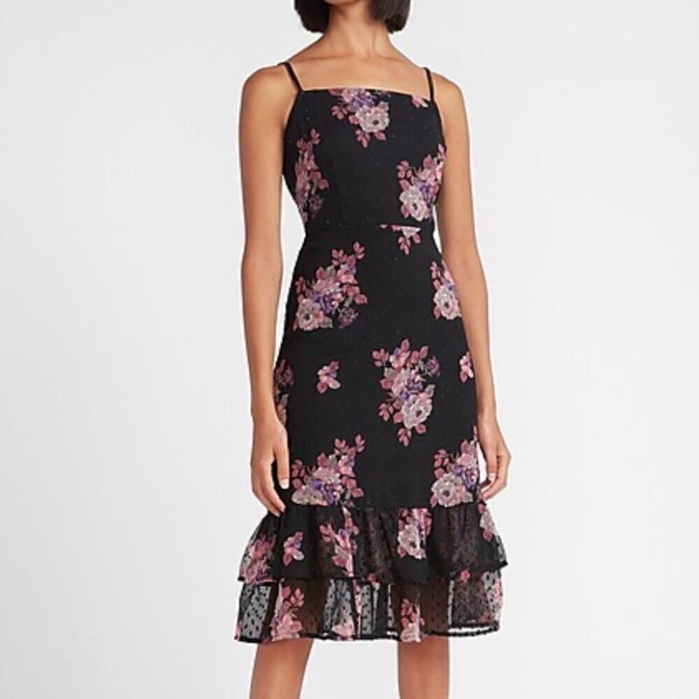 Express Black Floral Clip Dot Tiered Midi Dress - Picture 2 of 12